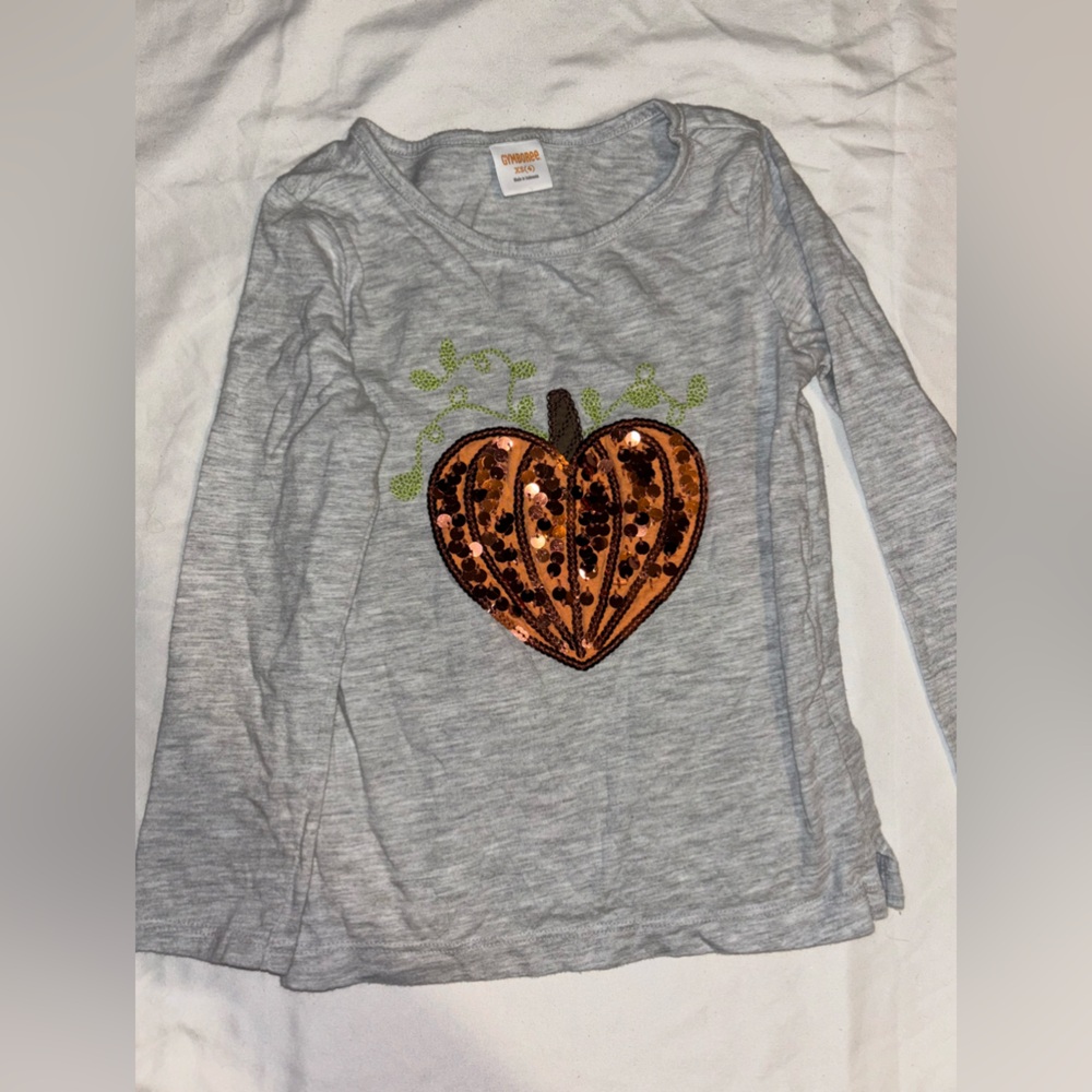 Cat & Jack Long Sleeve Gray and Orange Tee with Pumpkin Design